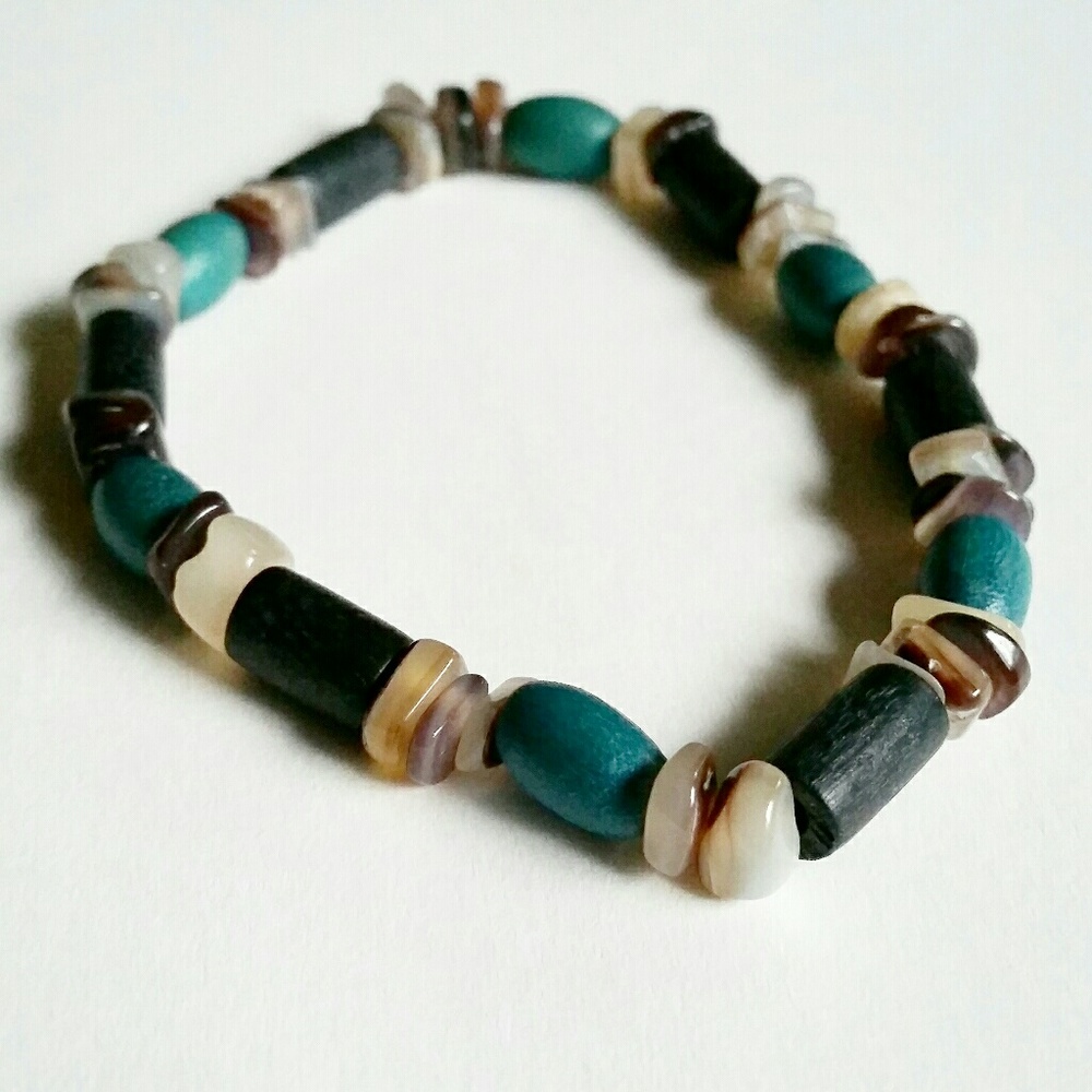 Wood and stone bead elastic bracelet - Picture 3 of 4